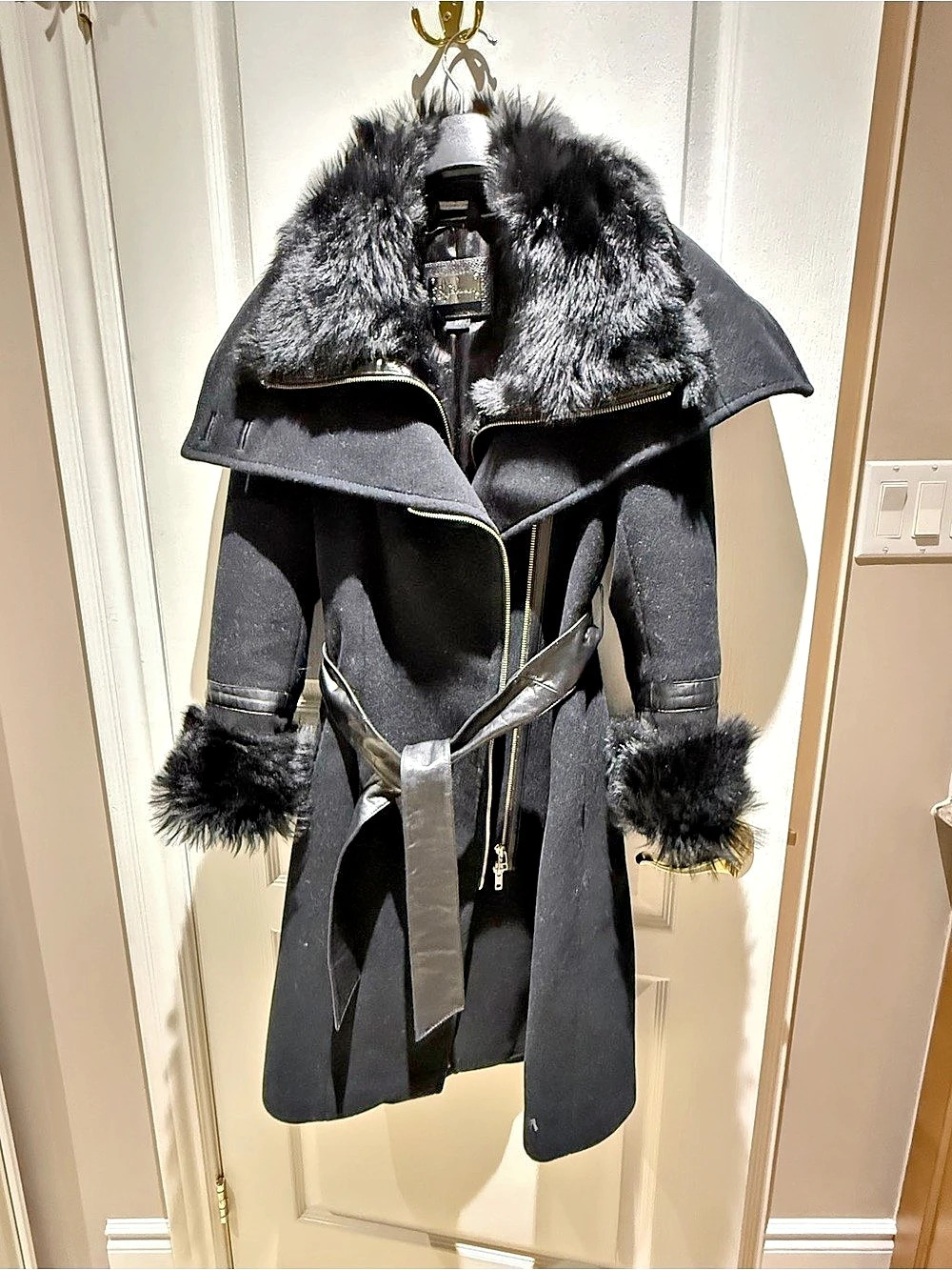Mackage Black Fur-Trimmed Wrap Coat Size Small Like New